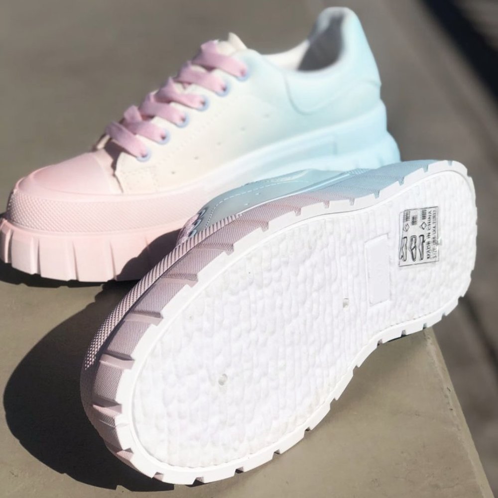 NEW Pastel Pink Blue Ombre Kawaii Cute Platform Low Top Laced Up Sneakers Shoes - Picture 6 of 12